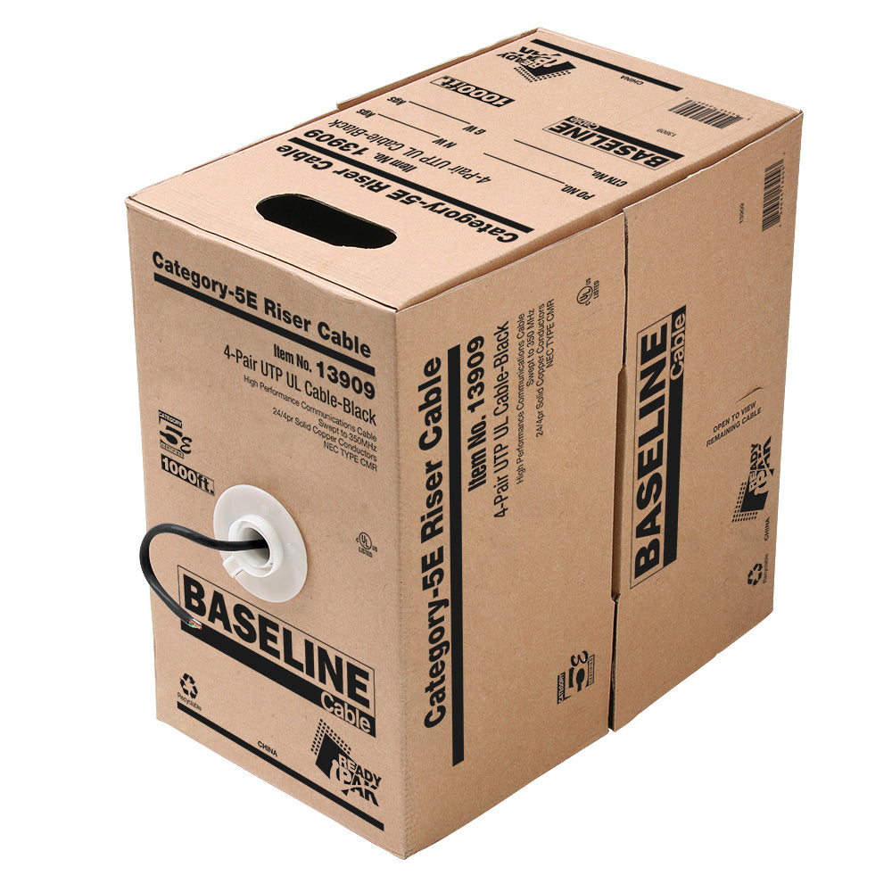 BASELINE - 1000ft 24/4 CAT5E UTP cULus CMR Riser-Rated Solid Cable - Pull-Box - Black