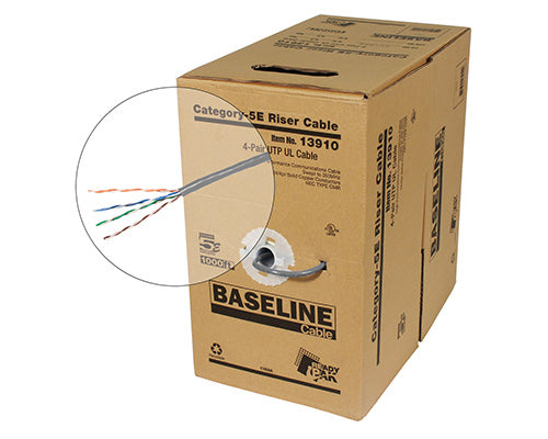 BASELINE 1000ft CAT5E UTP Solid Cable - 24 AWG Riser-Rated, Gray, cULus ...