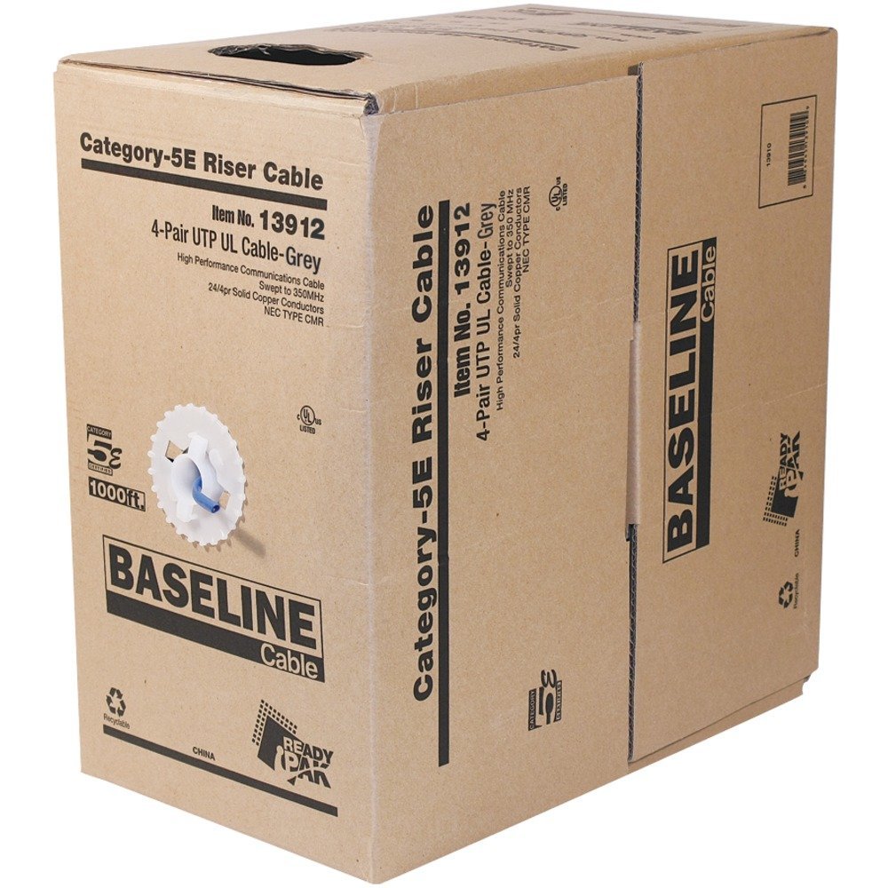 BASELINE 1000ft CAT5E UTP Solid Cable - 24 AWG Riser-Rated, Gray, cULus ...