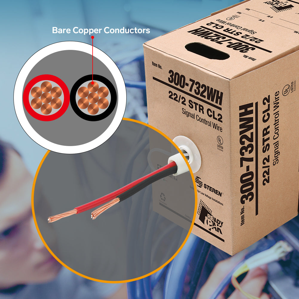 Steren 1000ft Signal/Control Stranded Cable UL 22AWG/2C CL2 Pull Box W