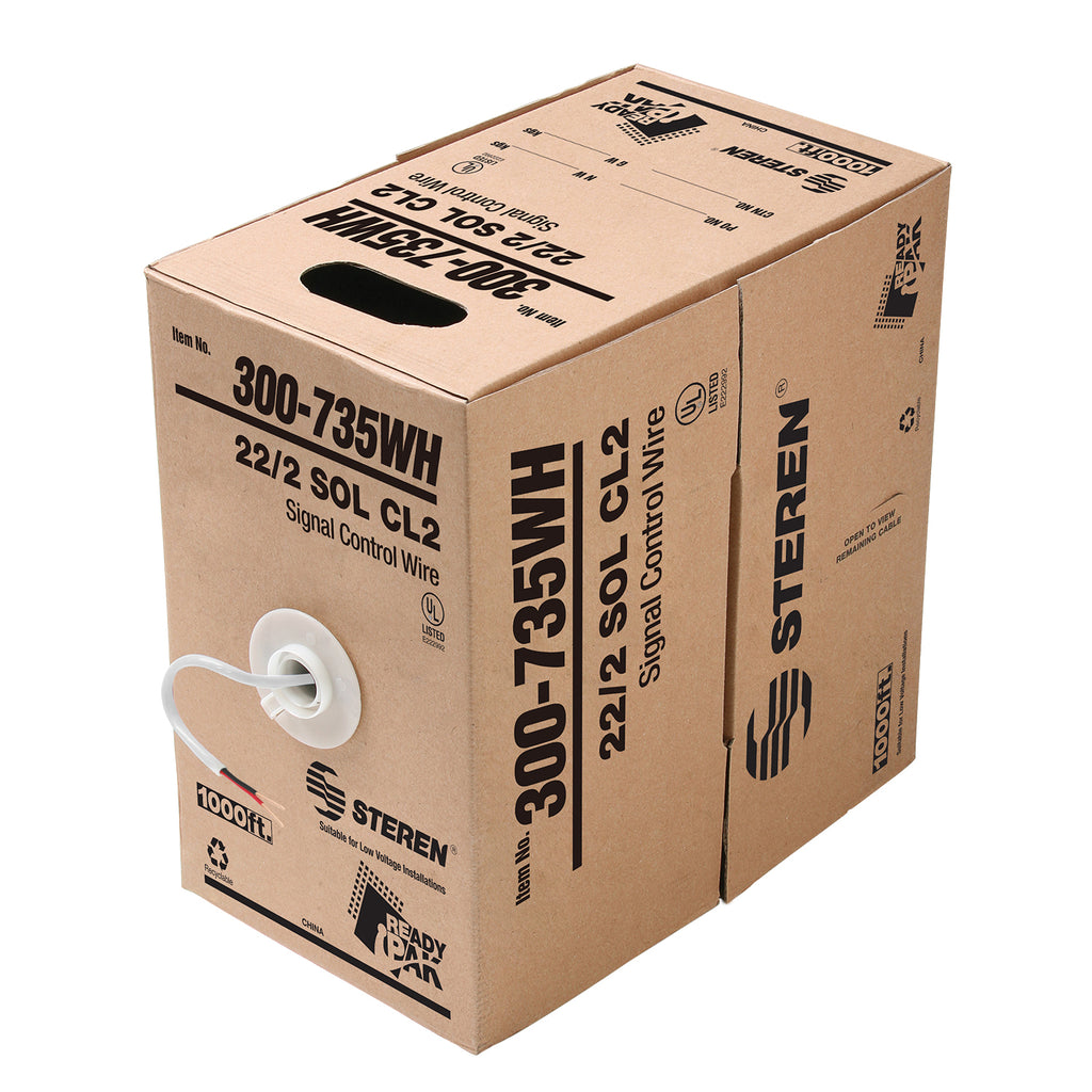 Steren 1000ft Signal/Control Solid Cable UL 22AWG/2C CL2 Pull Box White - Telecommunications, Security Systems & More