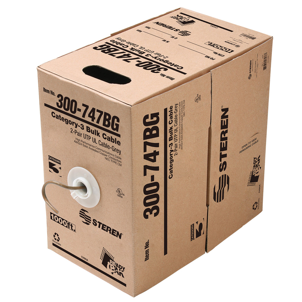 Steren 1000ft 24/2 CAT3 UTP cULus CM Solid Cable - Pull-Box - Beige