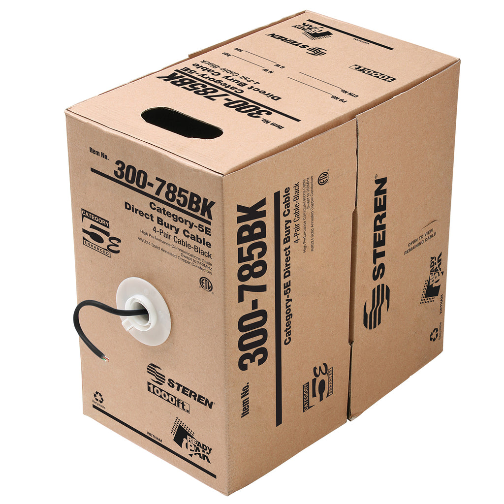Steren 1000ft 24/4 CAT5E UTP Direct Burial Solid Cable - Pull-Box - Black - CM Rated, UL Listed