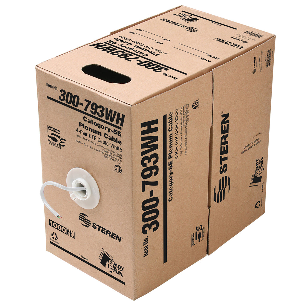 Steren 1000ft 24/4 CAT5E Solid Cable For High-Performance Data Transmission - UTP ETL CMP - Pull-Box - White