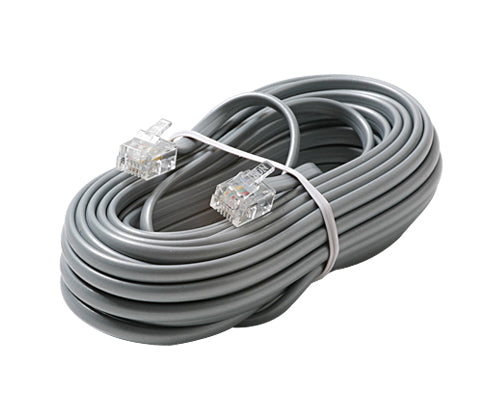 Steren 15ft telephone cord, 4C modular cable, flat telephone line, silver telephone cord, VoIP telephone cable, 28 AWG stranded conductors, cross-wired telephone cable, telephone voice applications