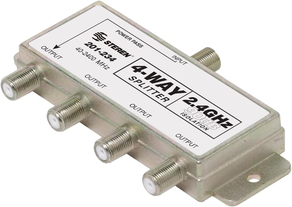 Steren 4-Way Coaxial Splitter 2.4GHz 90dB High-Frequency Signal Distribution for Analog and Digital Satellite Applications with Power Pass