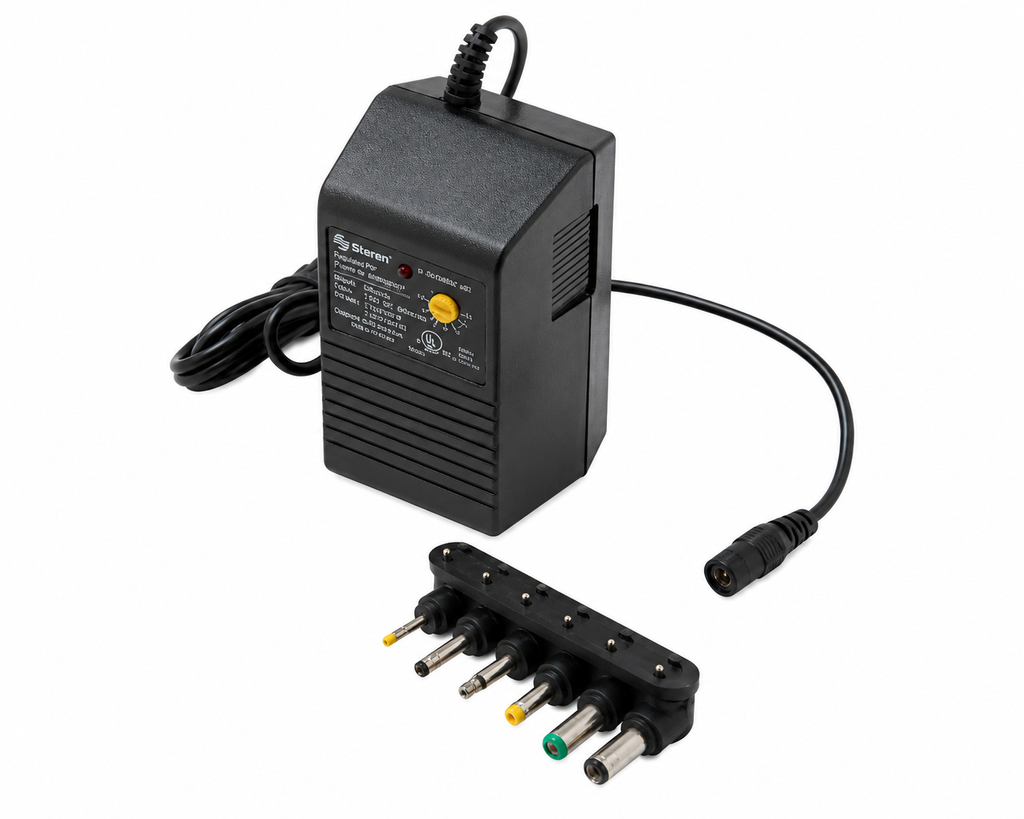 Steren Universal AC/DC Power Adapter 1.5V-12V 300mA with 6 Interchangeable DC Tips & Reversible Polarity - cULus Listed