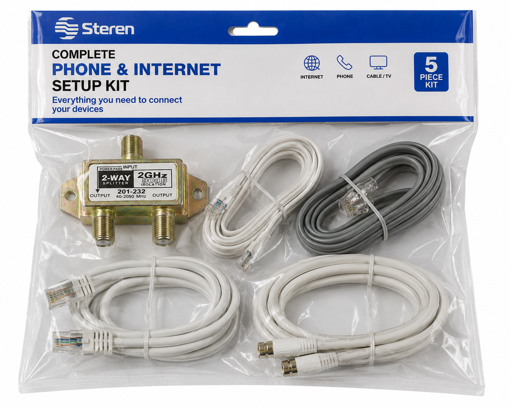 STEREN Home Phone & Internet Installation Kit – Includes 2-Way Coax Splitter, (2) RG6 Coax Cables, Ethernet Patch Cable, Telephone Cord, Router & Modem Connection Bundle