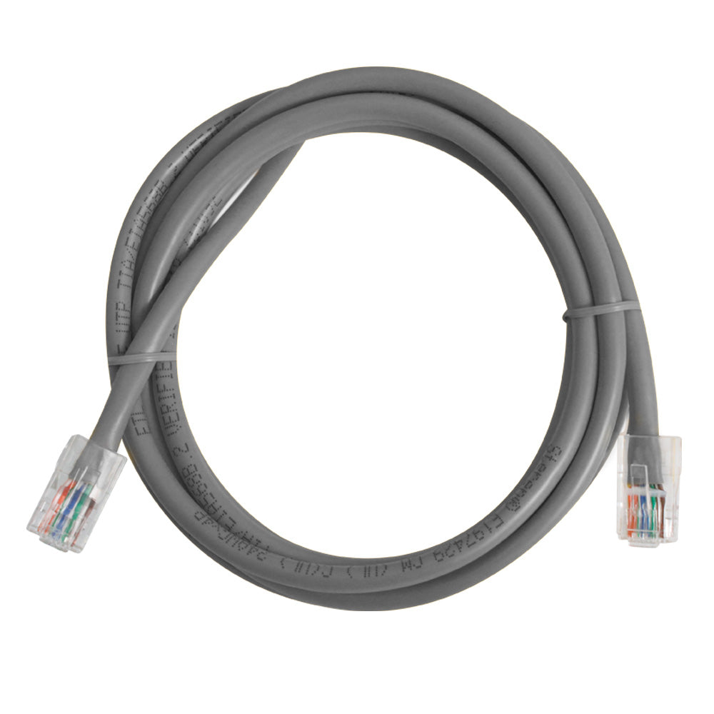 Gray Ethernet cable with clear connectors on a white background