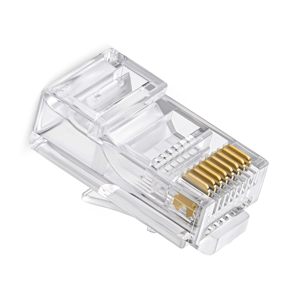 Clear Ethernet connector on a white background