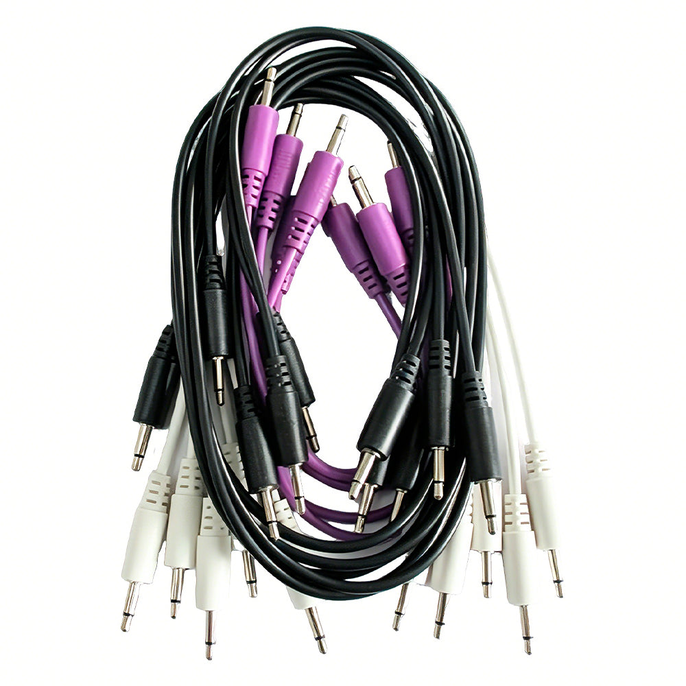Steren Make Noise Durable Mono Cable Bundle 15-Pack - 5 Pieces of each 6in 3.5mm Purple, 1ft 3.5mm White, & 2ft 3.5mm Black