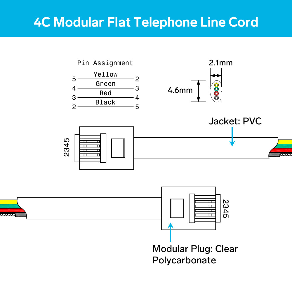 Steren 14ft 4C Modular Flat Telephone Line Cord Silver | Professional ...