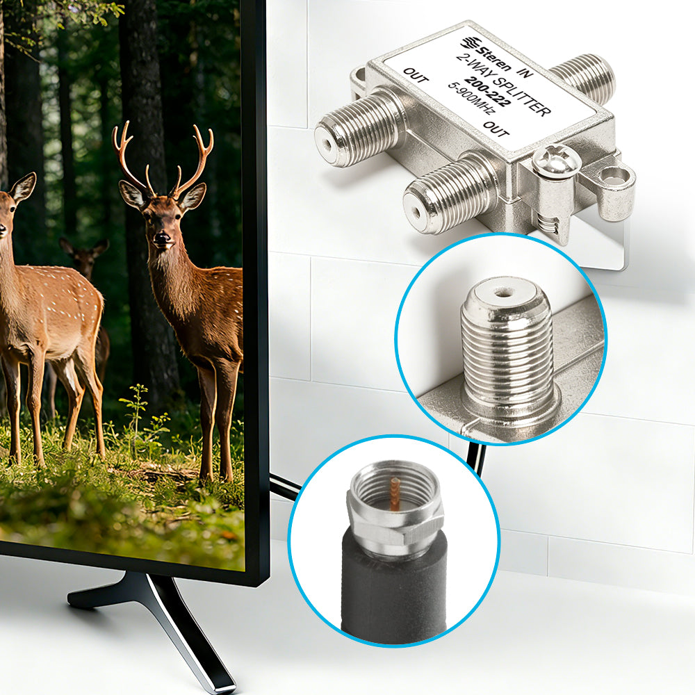 Enhance your MATV setup with the Steren 2-Way 900MHz RF Splitter for 