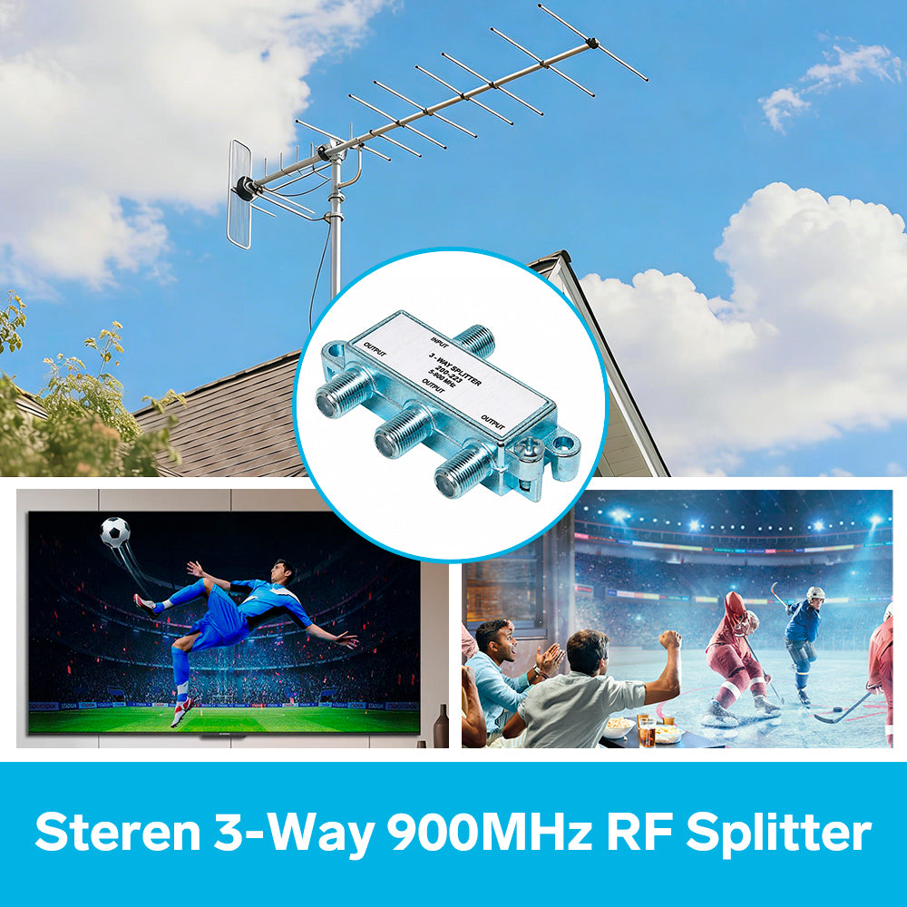 Enhance your MATV setup with the Steren 3-Way 900MHz RF Splitter for 