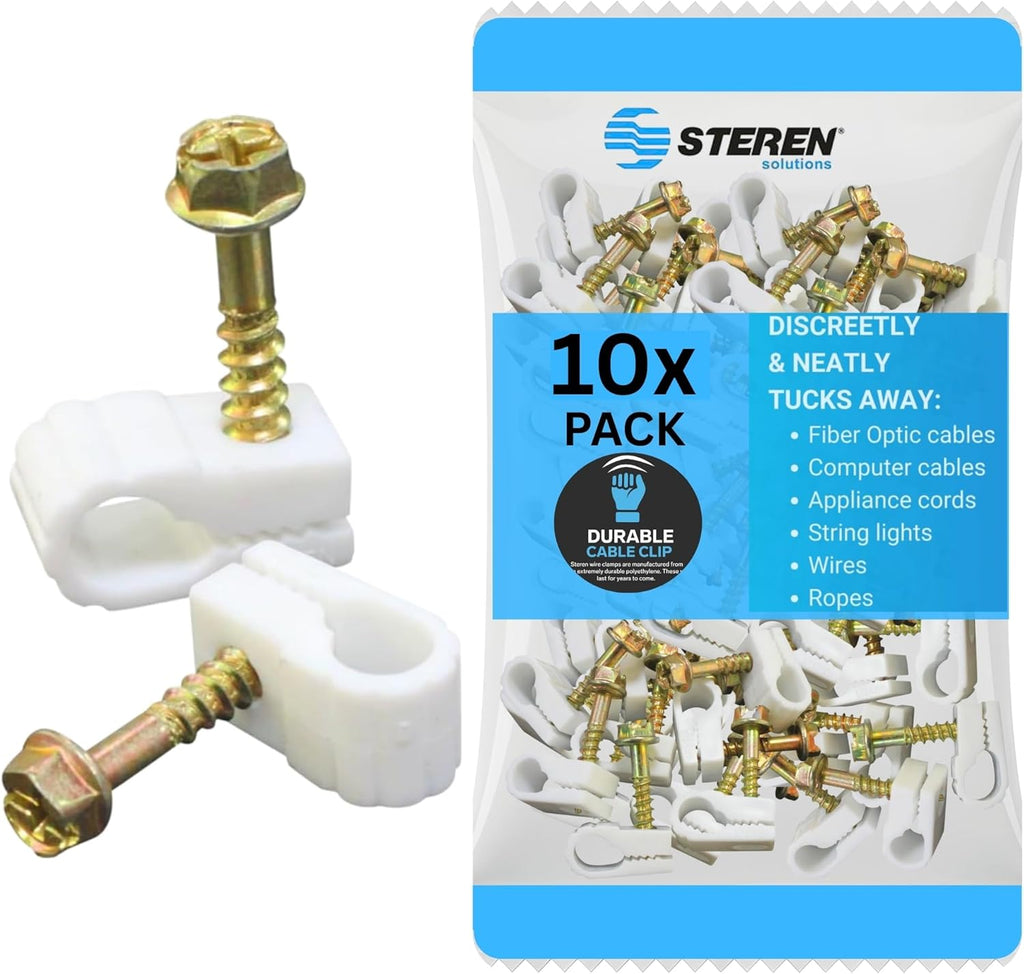 Steren 10ct Grip-Clip Dual Cable Mounting Clip White | Professional Electronics & Networking Accessory