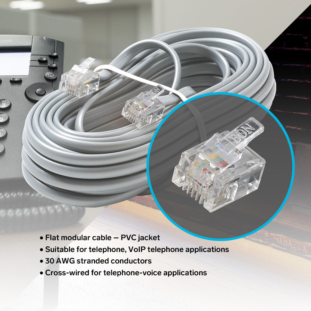 Enhance your telephone setup with Steren's Silver 25ft 4C Modular Flat ...
